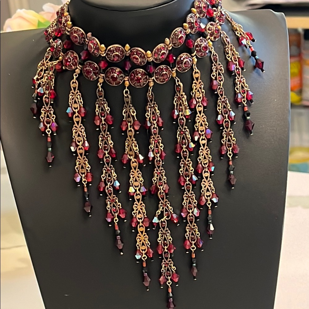 Stunning Chocker necklace with 11 Water/falls Red Crystals 16” Lobster clasp.